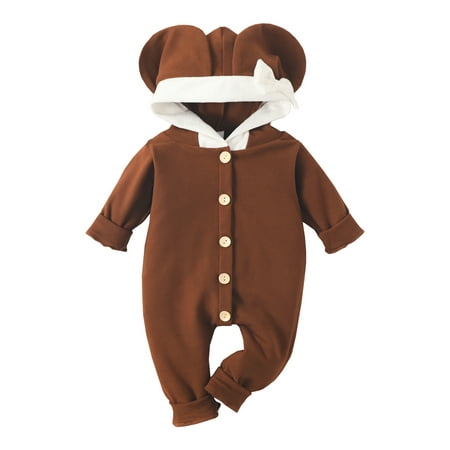 

ZIYIXIN Newborn Infant Baby Girl Boy Long Sleeve Button Down Hooded Romper Knitted Jumpsuit Fall Winter Outfits Dark Brown 12-18 Months