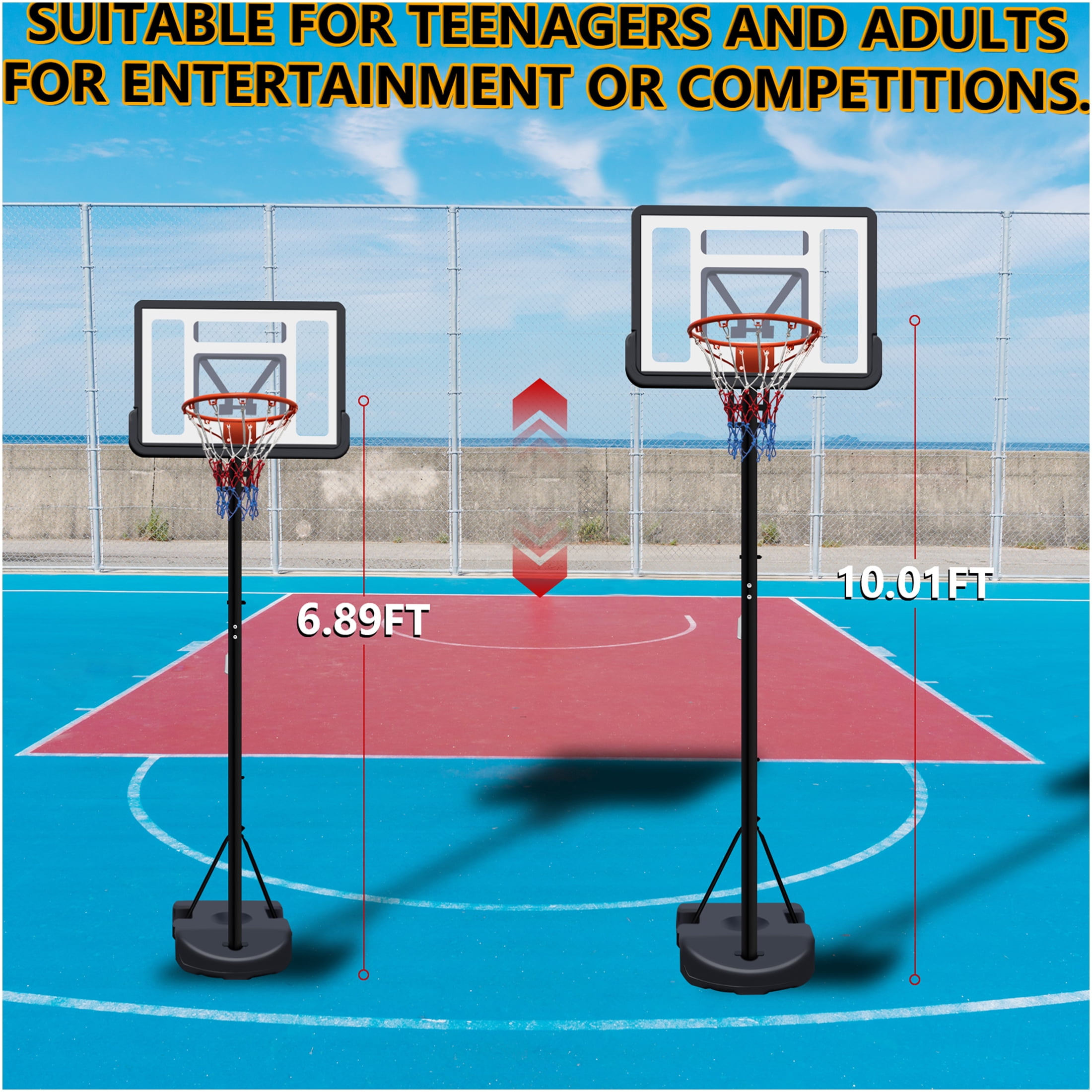 JERFIT Adjustable Height Portable Basketball Hoop for Kids & Adults, 34" Shatterproof Backboard with Wheels, Indoor Outdoor Basketball Goal with Water/Sand Base, Youth Play System