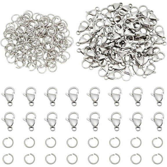 60pcs 15mm 304 Stainless Steel Lobster Claw Clasps with 120 pcs 6mm Jump Rings Jewelry Closure Fastener Hook