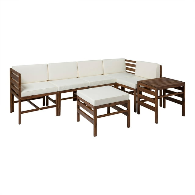 Acacia Modulaire 7 Pièces - 5 Places + Pouf + table d'Appoint - Marron Foncé