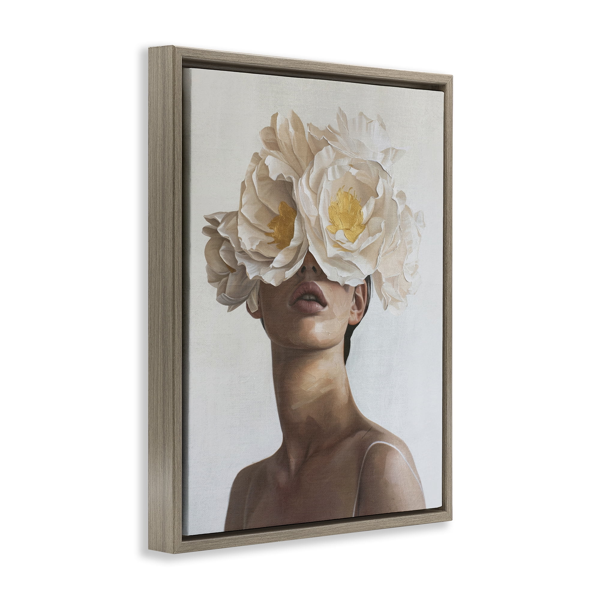 Stupell Industries Yellow Flower Lady People Painting Brown Floater Framed Canvas Art Print Wall Art, 25 x 31