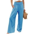 thumbnail image 5 of vigerkar Linen Pants Women Summer Smocked High Waisted Wide Leg Palazzo Pants Casual Ruffle Flowy Beach Pants with Pockets Blue, XL, 5 of 9