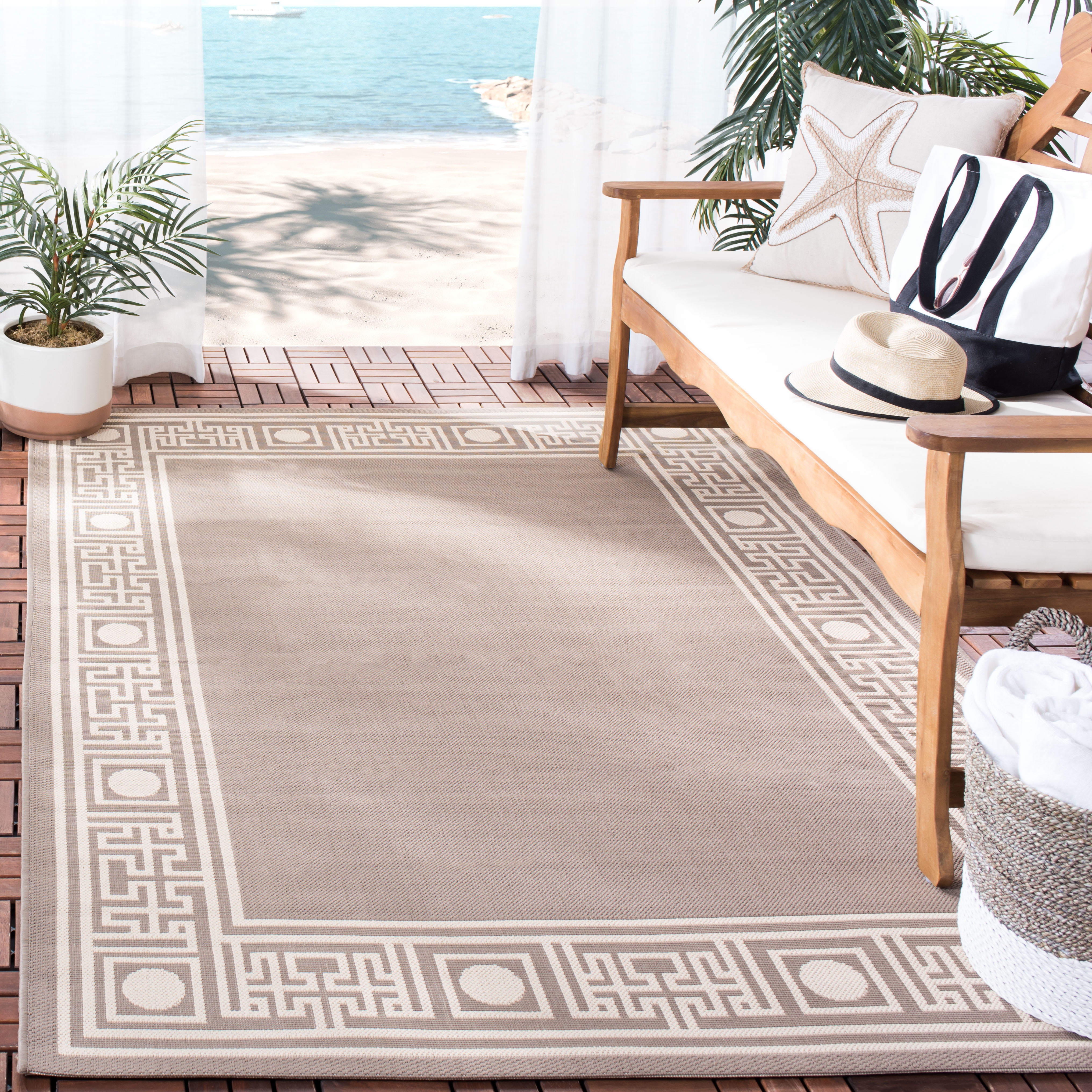 SAFAVIEH Courtyard Chase Oriental Indoor/Outdoor Area Rug, Dark Beige/Beige, 6'7" x 9'6"