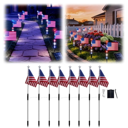 8 Piece Solar US Flag Light Set American Flags Pole Pathway Lights Outdoor Garden IP66 Waterproof Patriotic LED Star Stake with 8 Lighting Modes for 250th Anniversary 4th of July Decoration