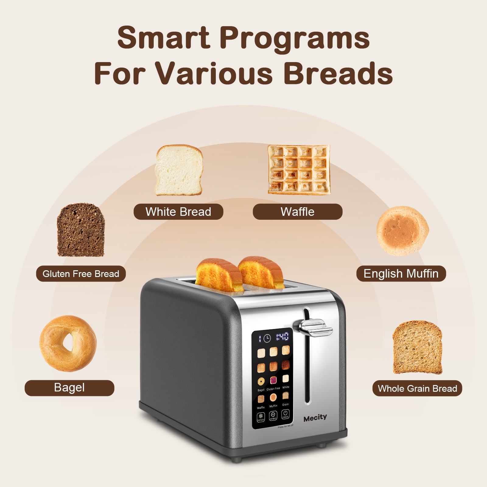Mecity 2-Slice Touchscreen Toaster with Stainless Steel Casing, 6 Shade Settings, Wide Slots, 120V, Countdown Timer, Gray