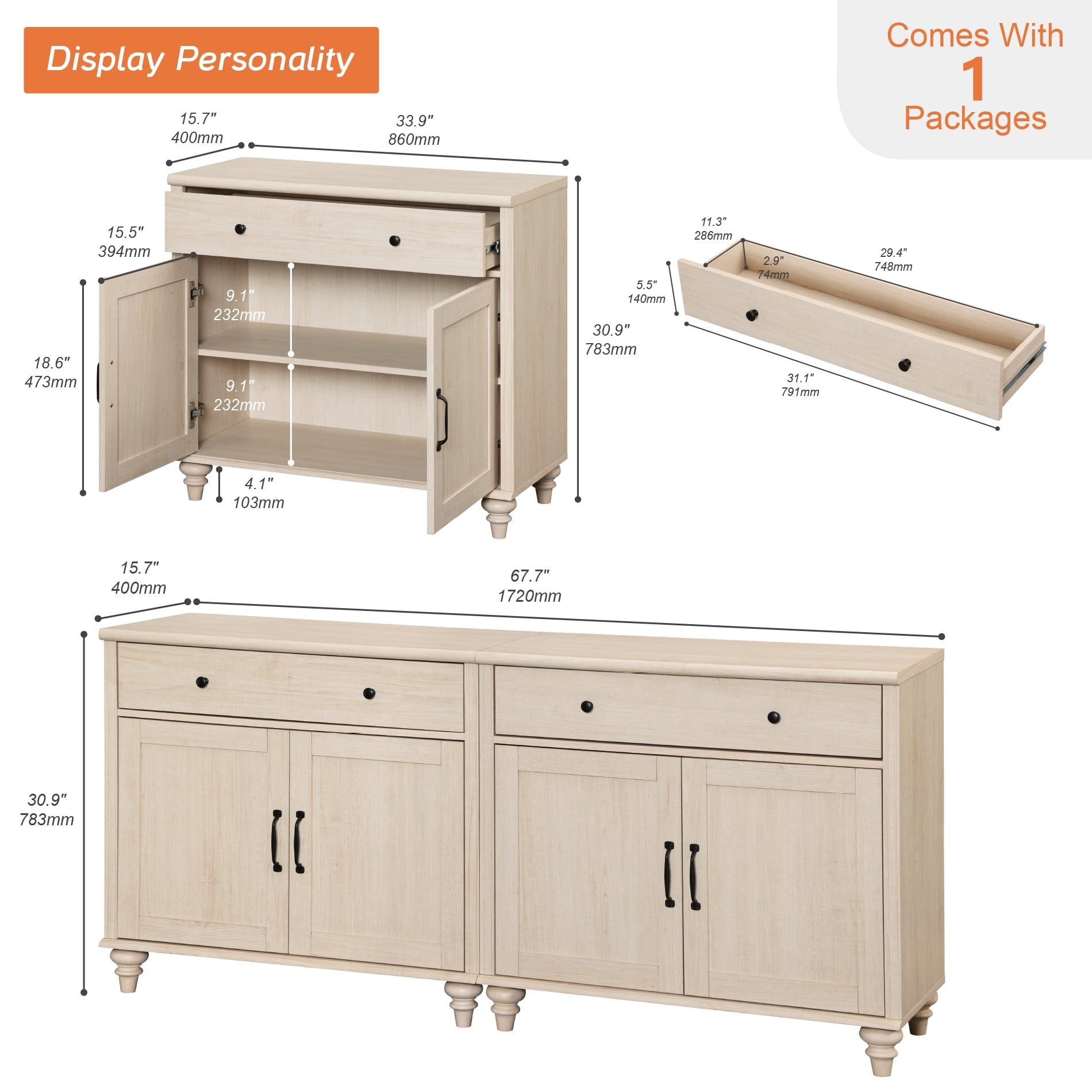 Credenzas & Sideboards with 4 Doors and 2 Drawers, Large Buffet Cabinet Wood Kitchen Storage Cabinets, Modern Farmhouse Sideboard Credenza for Dining Room, Beige, 68 inch