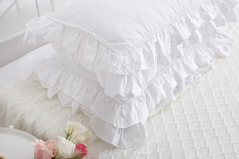 2-Pack Bright White Pillow Shams Pillowcases with Lace and Ruffles Cotton Standard Twin Size 20"X26" Shabby Chic
