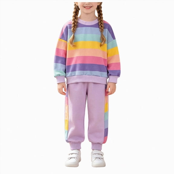 xaweyi Girls Rainbow Stripe Sweatshirt Outfit 2‑Piece Long Sleeve Top & Jogger Pants Casual Fall Clothing Set Size 9-10 Years