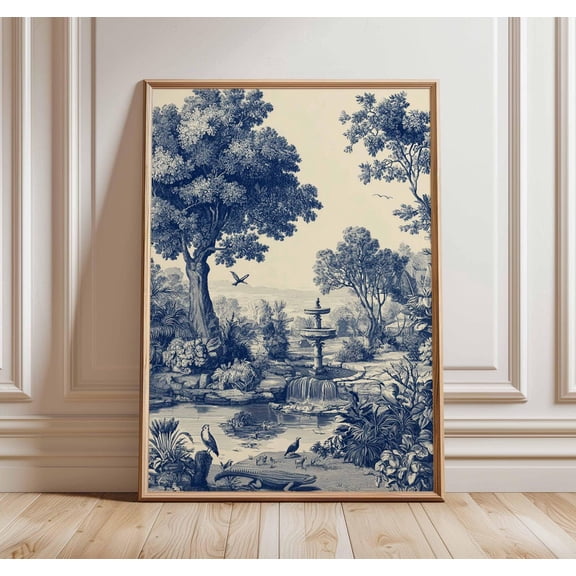 Blue White Toile Poster, Unframed Paper Poster 8x10in