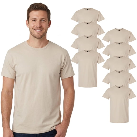 Gildan Short Sleeve Men Crewneck T-Shirt, Light Cotton Sand 9 Pack Classic Fit Tee Bulk, L