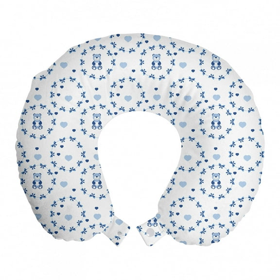 Nursery Travel Pillow Neck Rest, Kids Baby Nursery Design Ribbons Teddy Bears Children Hearts Art, Memory Foam Traveling Accessory Airplane and Car, 12", Purple Grey Navy Blue, by Ambesonne