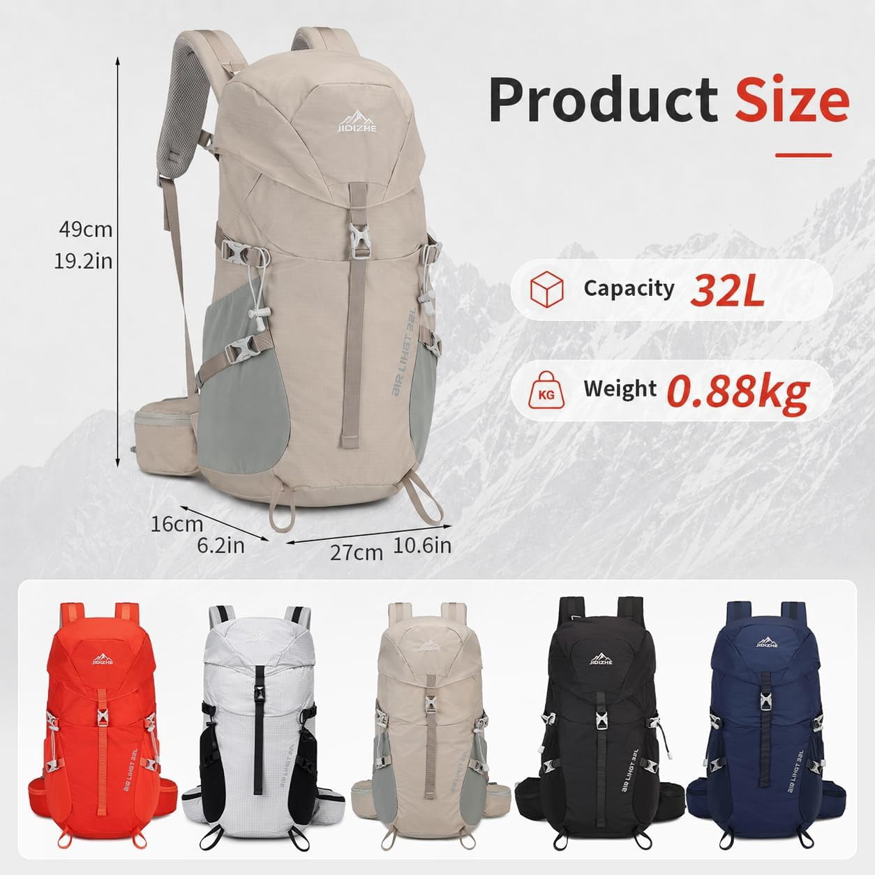 JIDIZHE 32L Hiking Backpack with Internal Frame and Rain Cover, Lightweight Pack Equipped with Adjustable Chest Strap, Breathable Unisex Daypack for Hiking, Camping and Travel，Gray