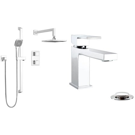 10% Savings Quadrato Thermostatic Shower System and Single Handle Bathroom Faucet, Polished Chrome