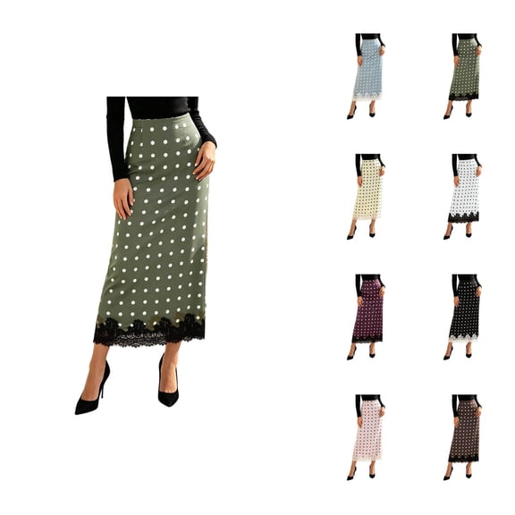 Silk Satin Skirts for Women High Waist Polka Dots Lace Hem Elegant Dressy Casual Midi Skirt Office Work Skirt