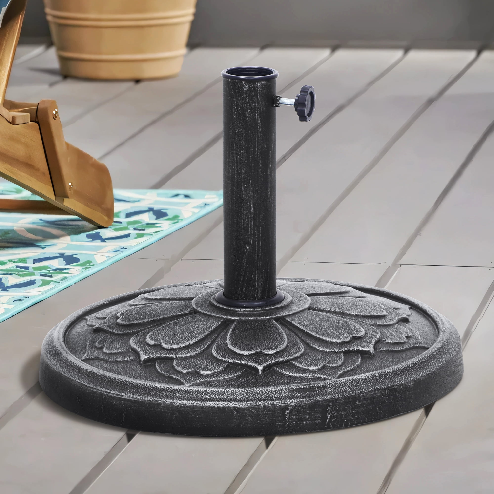 Abble 27 lbs. Lotus Design Umbrella Base Outdoor Market Umbrella Stand in Antique Silver