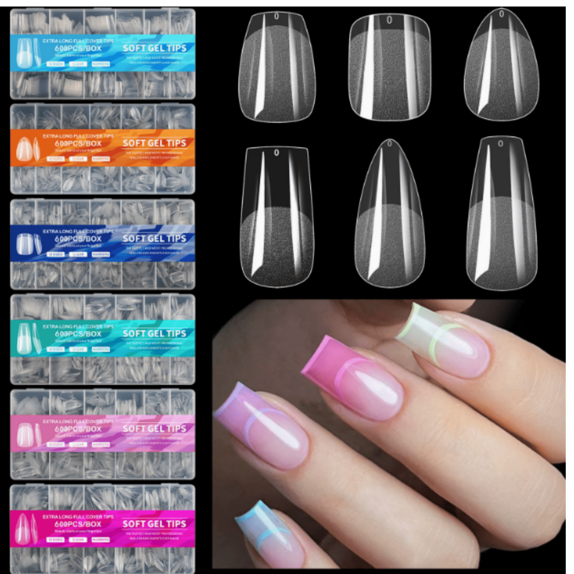 Medium Elliptical Transparent Half-Cover Matte Finish False Nails, 600Pcs Pre-Shaped Full Cover Nail Tips for Home Use