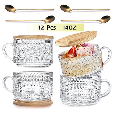 4PCS Vintage Glass Coffee Mugs with Bamboo Lids and Spoons,14oz Overnight Oats Containers Coffee Cups ,Double Glass Cups,Iced Coffee Glasses，Coffee Bar Accessories,Clear