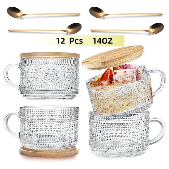 4PCS Vintage Glass Coffee Mugs with Bamboo Lids and Spoons,14oz Overnight Oats Containers Coffee Cups ,Double Glass Cups,Iced Coffee Glasses，Coffee Bar Accessories,Clear
