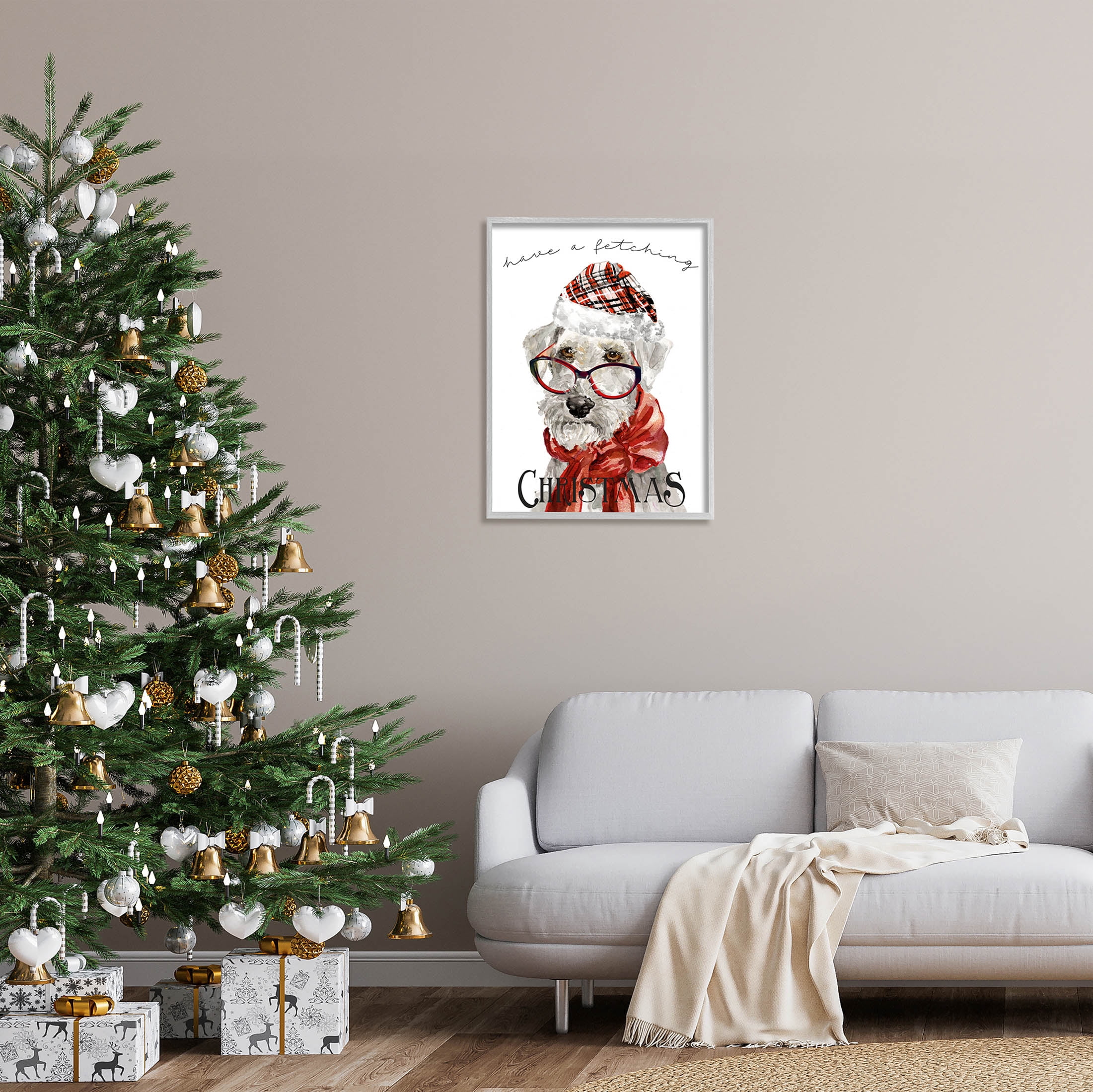 Stupell Industries Have a Fetching Christmas Dog Graphic Art Gray Framed Art Print Wall Art, Design by Livi Finn
