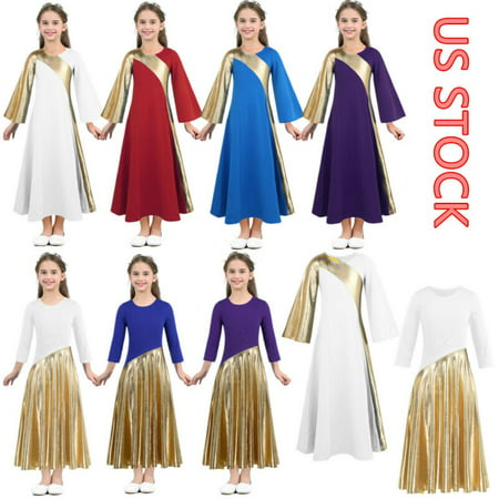 Girls Bell Sleeves Praise Dance Dress Liturgical Loose Fit Lyrical Dancewear US! - White Metallic Skirt - 12