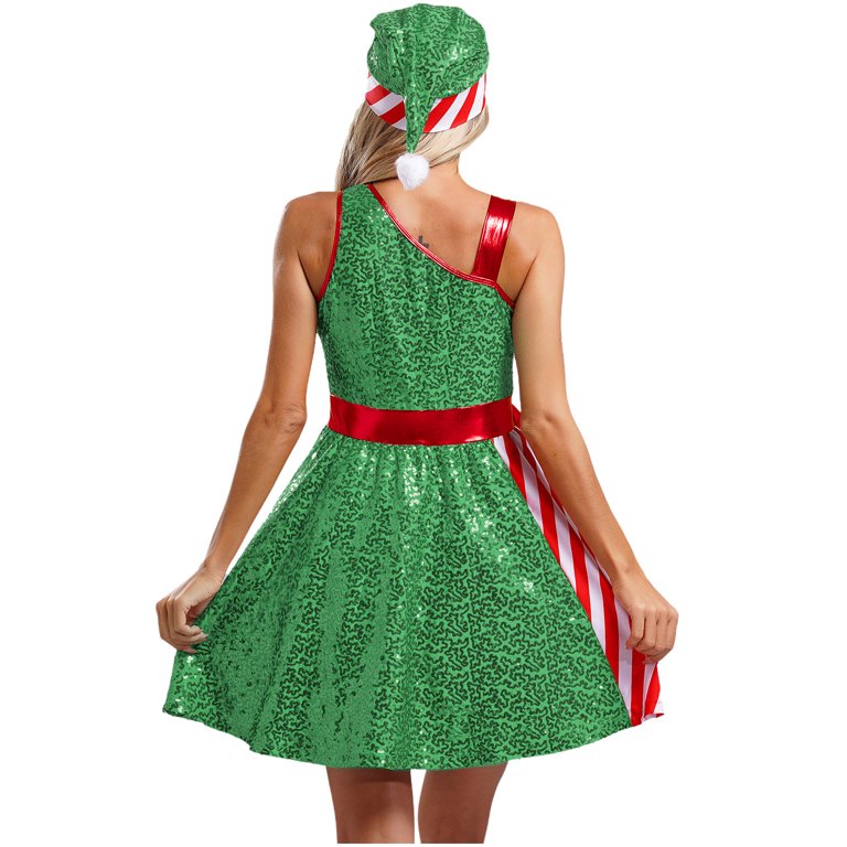 Mufeng Women's Christmas Candy Cane Costume Sparkly Dress with Hat Xmas  Party Santa Claus Outfits Green M - Walmart.com