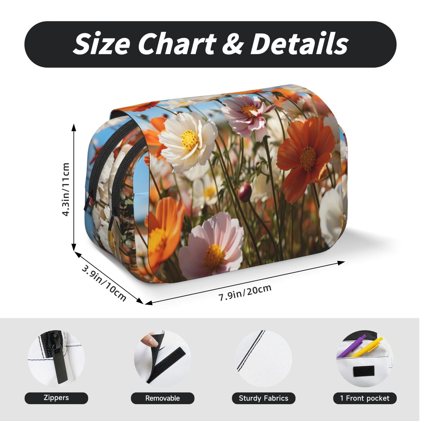 Rateoe Vibrant Field Of Blossoms Pattern Double Clamshell Pen Case, Storage Organizer with Two Zipper Compartments– Holds Up to 50 Pencils & Pens