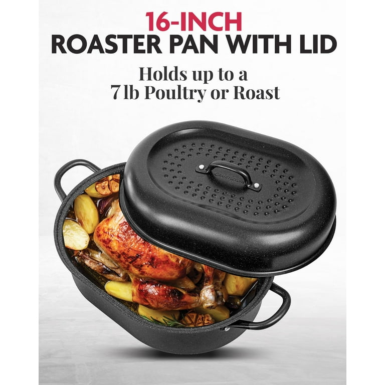 Granitestone Diamond Nonstick Roasting Pan 16 Oven Roaster Rotisserie Poultry Turkey Lasagna Deep Pan with Lid Small