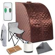 2L Portable Steam Sauna Tent,Spa Slimming Loss Weight Full Body Detox Therapy，With Steam Pot, Remote Control, Chair, Cushion, Wooden Massager-Brown
