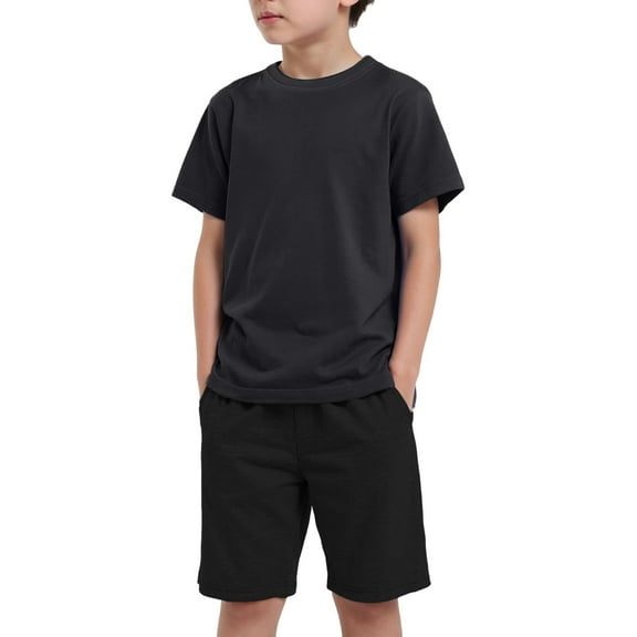 Povozer Boys 2 Piece Summer Outfits Short Sleeve Tshirts and Elastic Waist Shorts Casual Sets(Black,4-5Y)