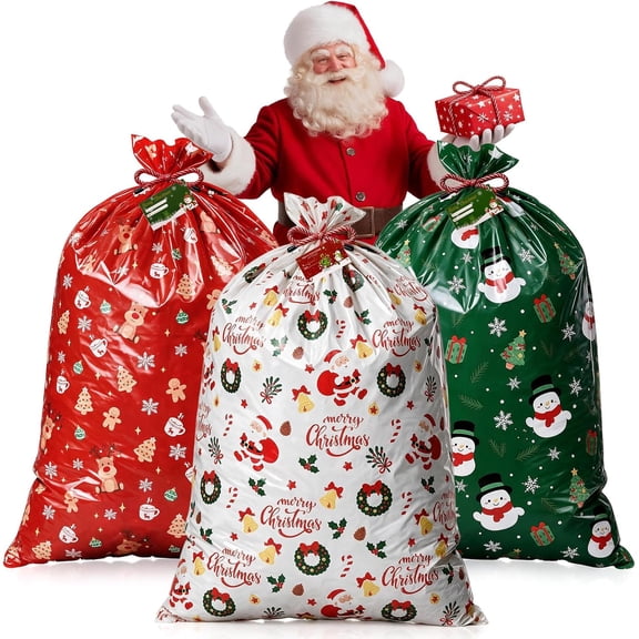 Naler 3PCS Extra Large Christmas Gift Bags, Oversized Christmas Bags 56" x 36" Jumbo Plastic Gift Bags with Tag and String for Huge Big Gifts Presents Wrapping Bicycle Bike Gift Bag