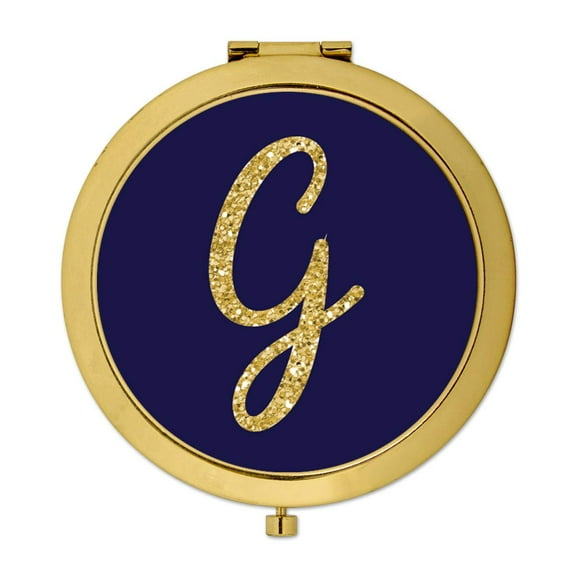 Koyal Wholesale Gold Compact Mirror Bridesmaid's Wedding Gift, Navy Blue | Faux Gold Glitter, Monogram Letter G, 1-Pack