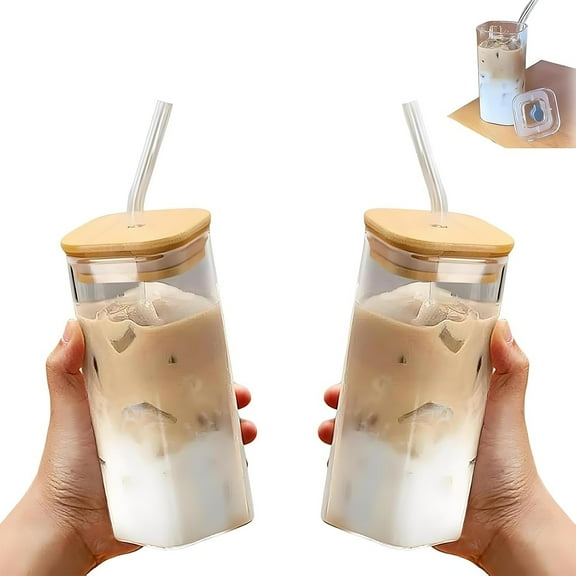 Square Glass Cup with Lids and Straws, Portable Drinking Clear Tumblers 400ml/14oz, Heat Resist, Suitable for Serving Milk Tea, Juice, Coffee, Etc., Home Bar/Drink Set (2PCS, A)