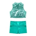 thumbnail image 4 of Manyakai Kids Girls 2 Piece Dance Outfits Shiny Crop Top Sports Bra with Shorts Set Gymnastics Blue Green 6, 4 of 5
