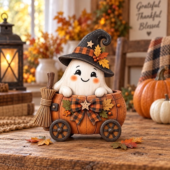 3-Layer Halloween Ghost Wooden Stand, Pumpkin Cart Tabletop Display for Fall Hosts