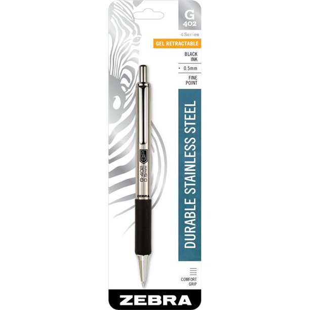 Zebra Pen 49211 0.5 mm G402 Stainless Steel Retractable Gel Pen, Black