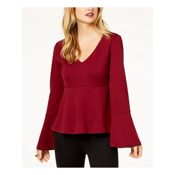 RACHEL ZOE Womens Burgundy Bell Sleeve V Neck Top XS