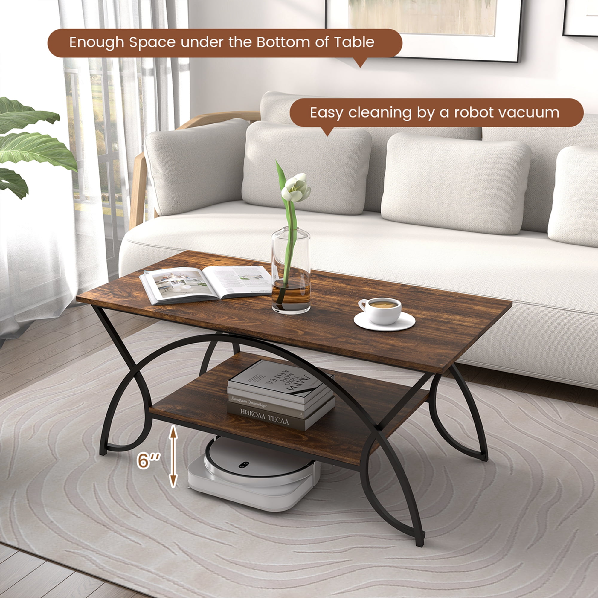 Costway 2-Tier Industrial Coffee Table Rectangular Cocktail Table with Storage Shelf Rustic Brown