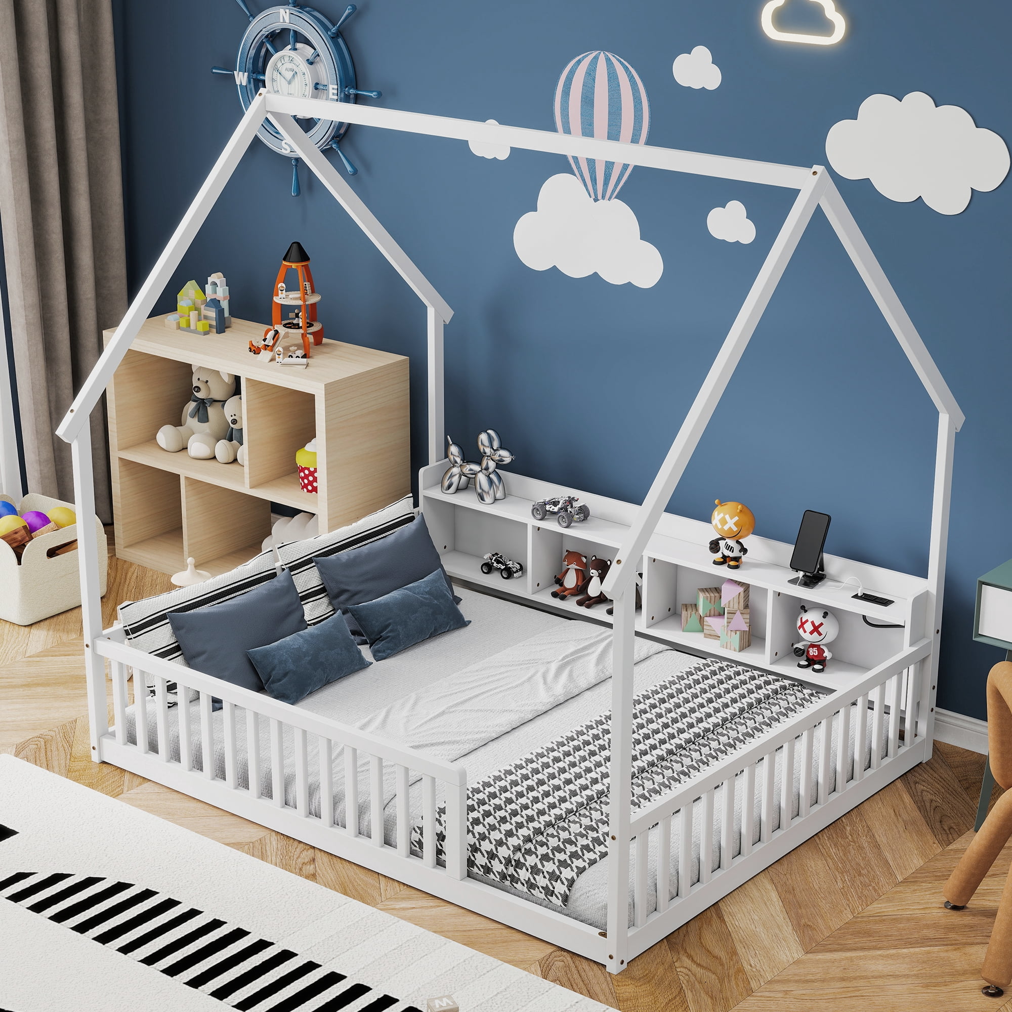 Floor Bed with House Design and Storage Shelves, Full Pine Wood Platform Bed and Charging Station Bed Frame with LED Lights and Guardrails, White