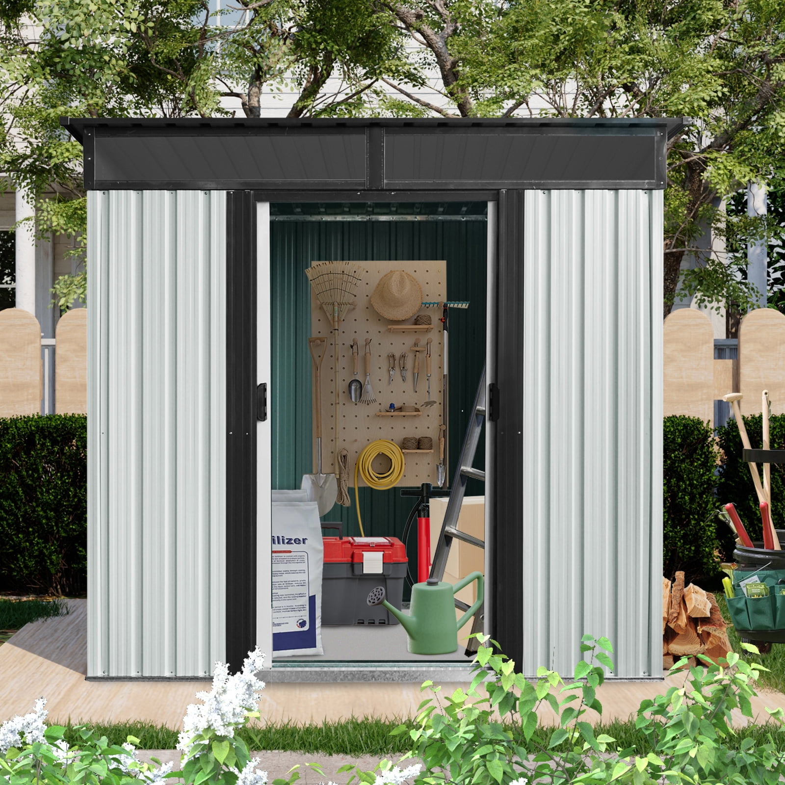 Olurrisa 6ft x 5ft Outdoor Metal Storage Shed with Window and Transparent plate for Garden, Lawn (White and Black)