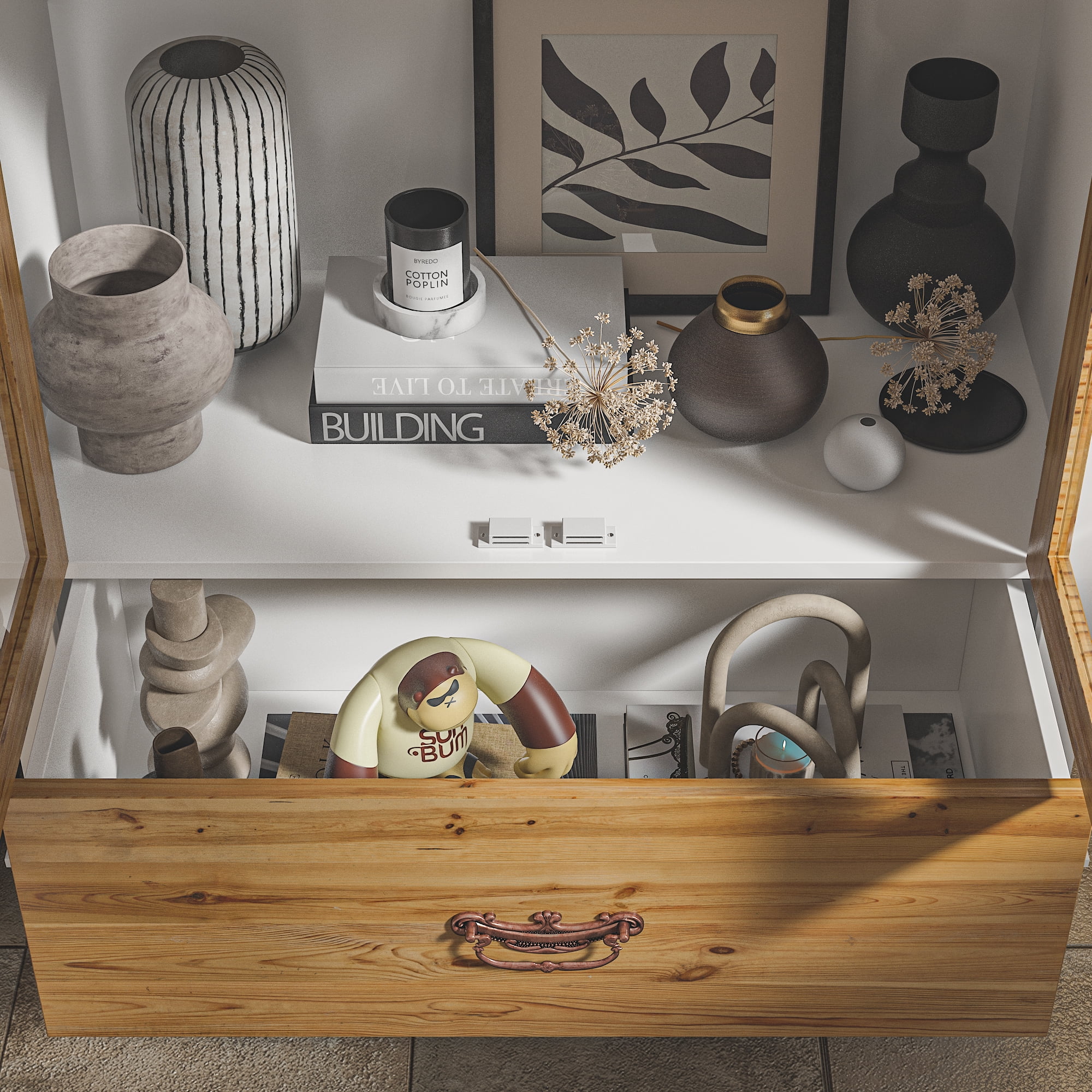 OXYLIFE Bookcase Display Cabinet with Glass Doors, 3 Tier Shelves and Drawer for Living Room
