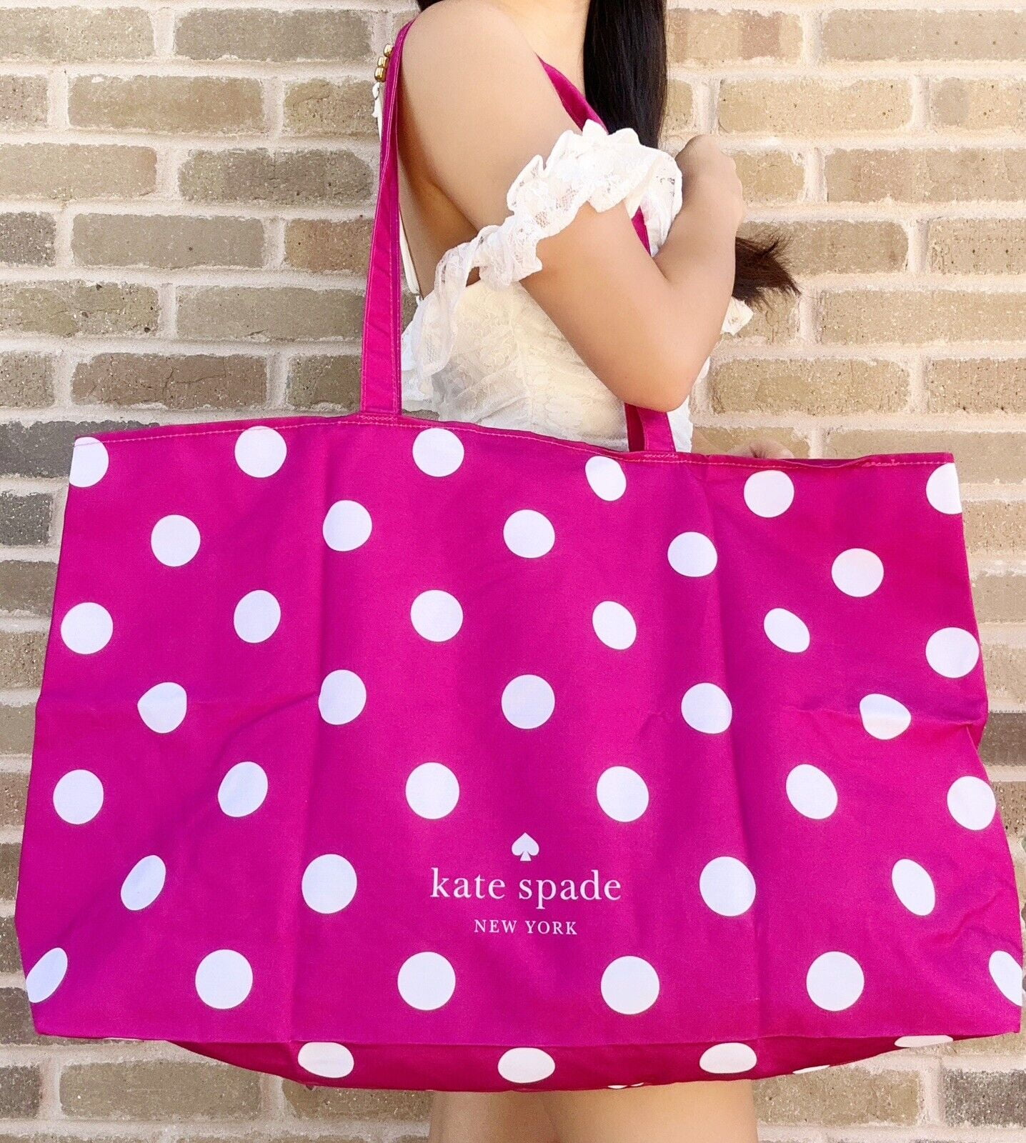 Kate Spade Extra Large Beach Shopping Reusable Tote Bag Pink Polka Dot Walmart