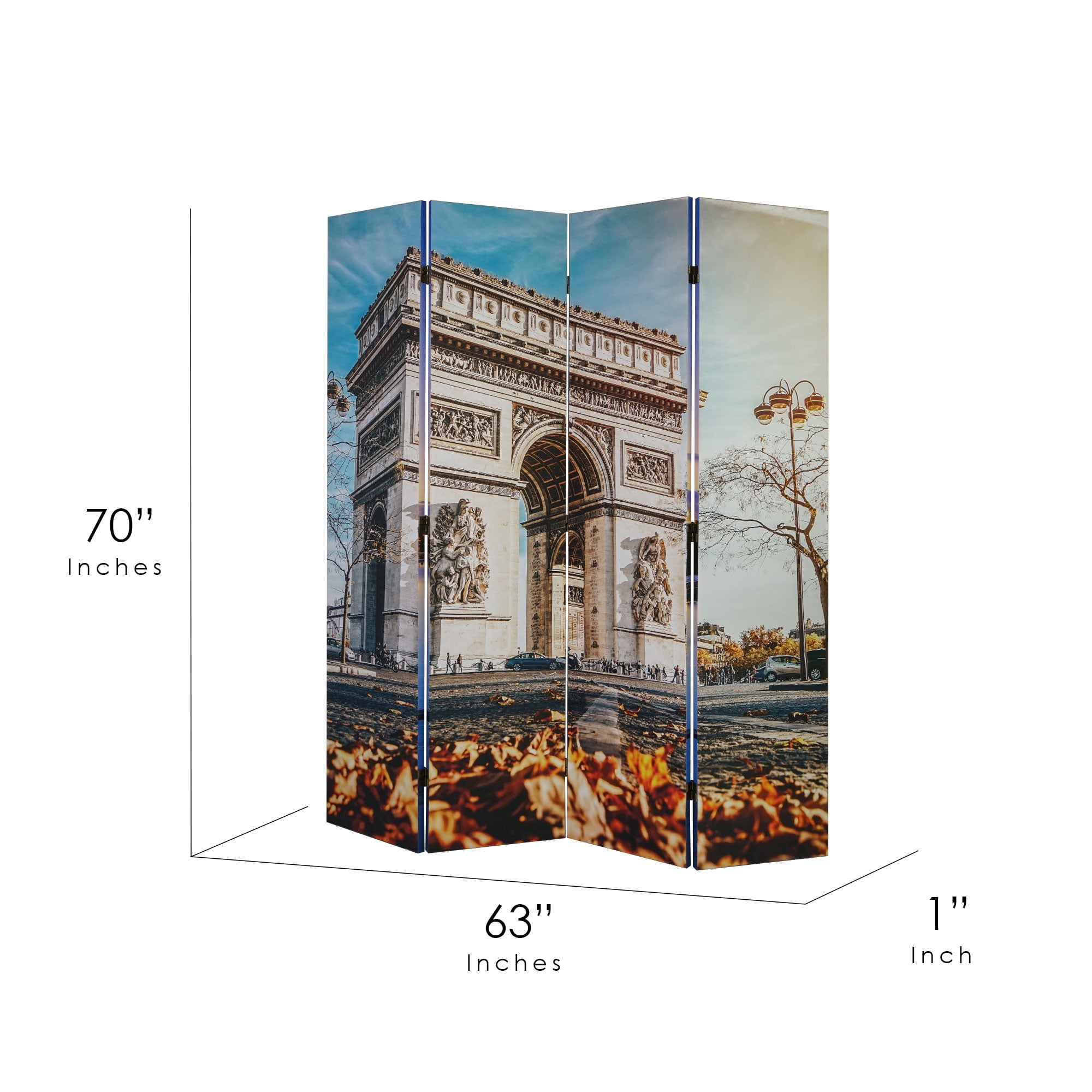 American Art Decor Double-Sided Paris Eiffel Tower, Arc de Triomphe Canvas Portable Dressing Room Divider Screen, 4 Panels, 70" H x 63" L x 1" D