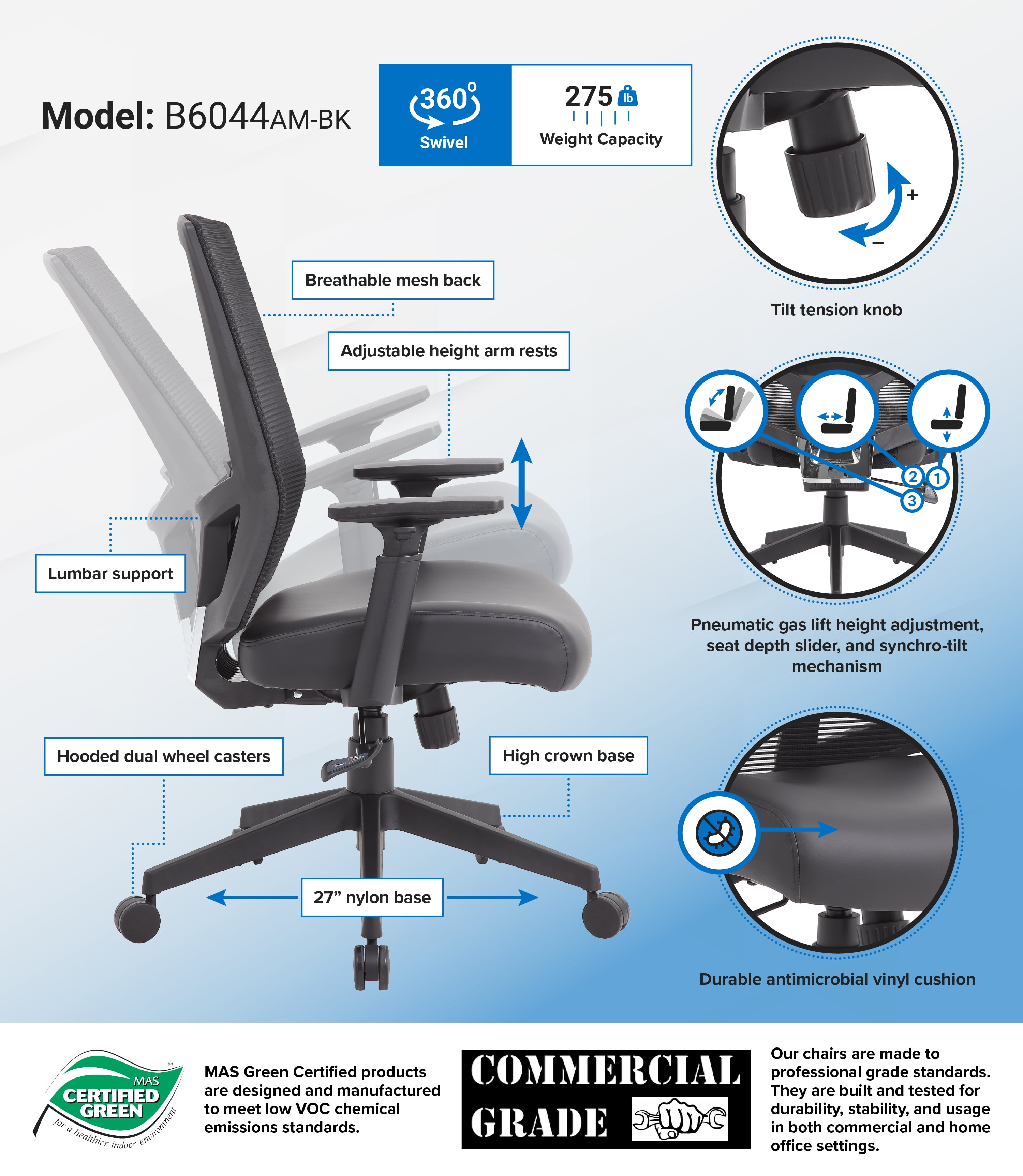 Boss Office Products Mesh Back Vinyl Task Chair with Synchro-Tilt, Black