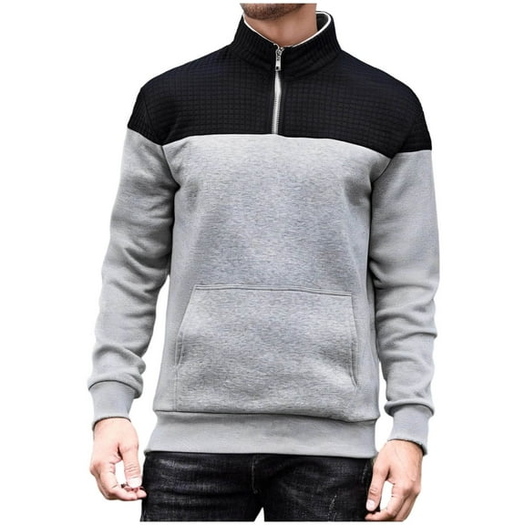 LNWUY Mens Sweatshirt Casual Stand Collar Quarter Zip Pullover Fall Color Block Jacquard Sweaters Long Sleeve Tops Gray XL