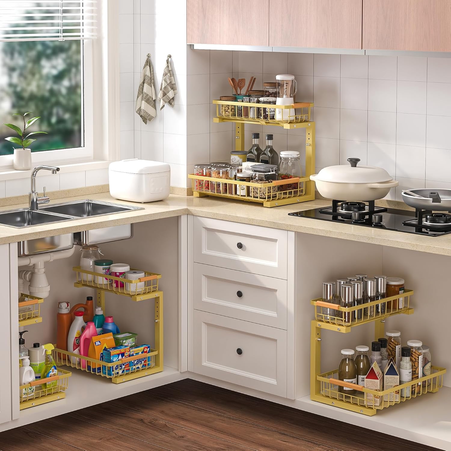 Under Sink Organizer 2 Pack, Height Adjustable Under Sink Organizers and Storage Shelf, 2 Tier Pull Out Cabinet Drawers for Kitchen Bathroom, Metal Under Sink Storage Rack, Gold