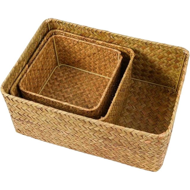 Seagrass - Cestas de almacenamiento de mimbre tejidas a mano, natural, juego de 3 (caramelo)
