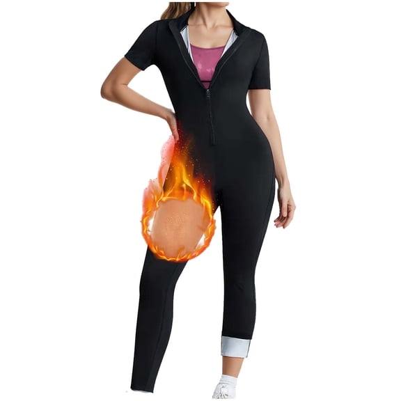 Purcolt Sauna Suit for Women Stretchy Full Body Short Sleeves Zippered Sweat Jumpsuit Lightweight Slim Fit Anti Rip Training Suits for Workout Gym Sport