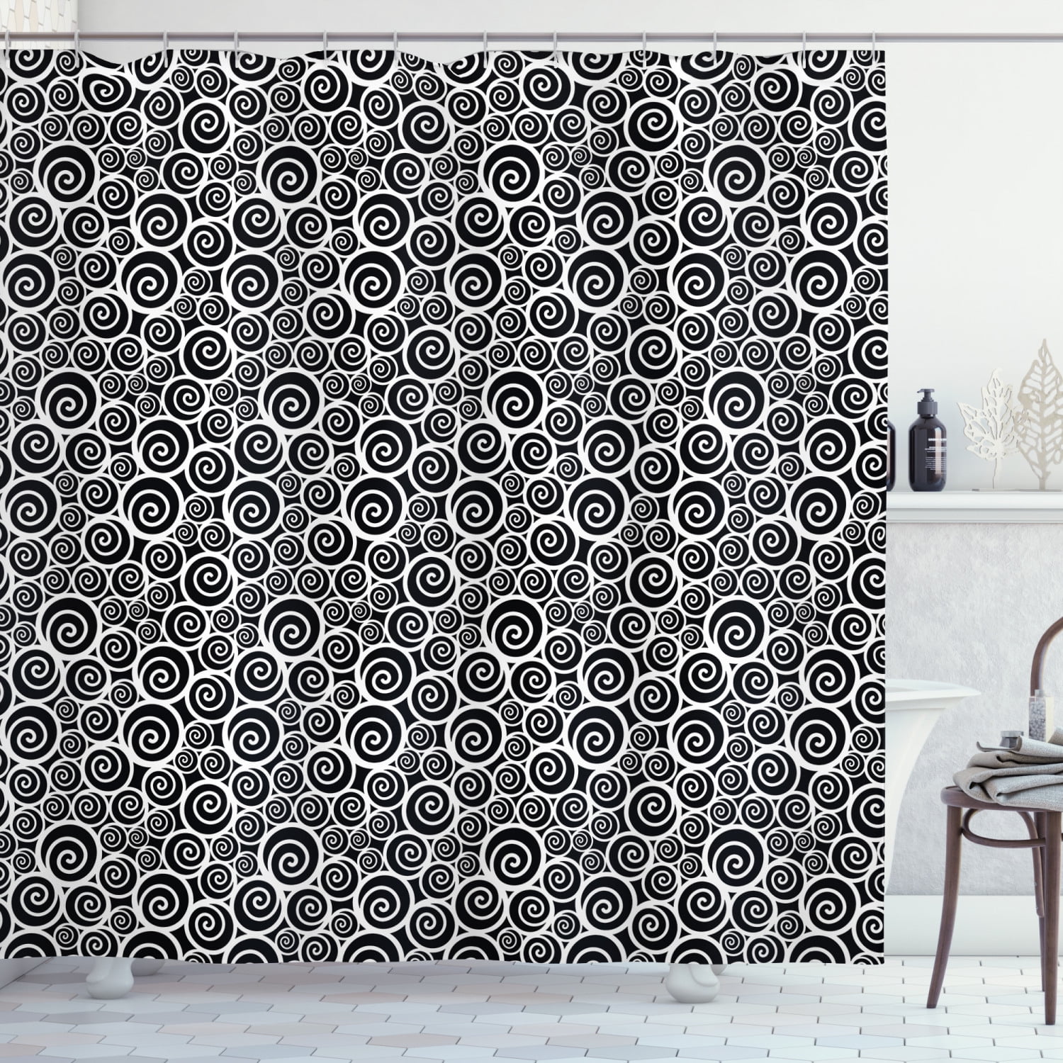 Black and White Shower Curtain, Monochrome Spirals Abstract Composition