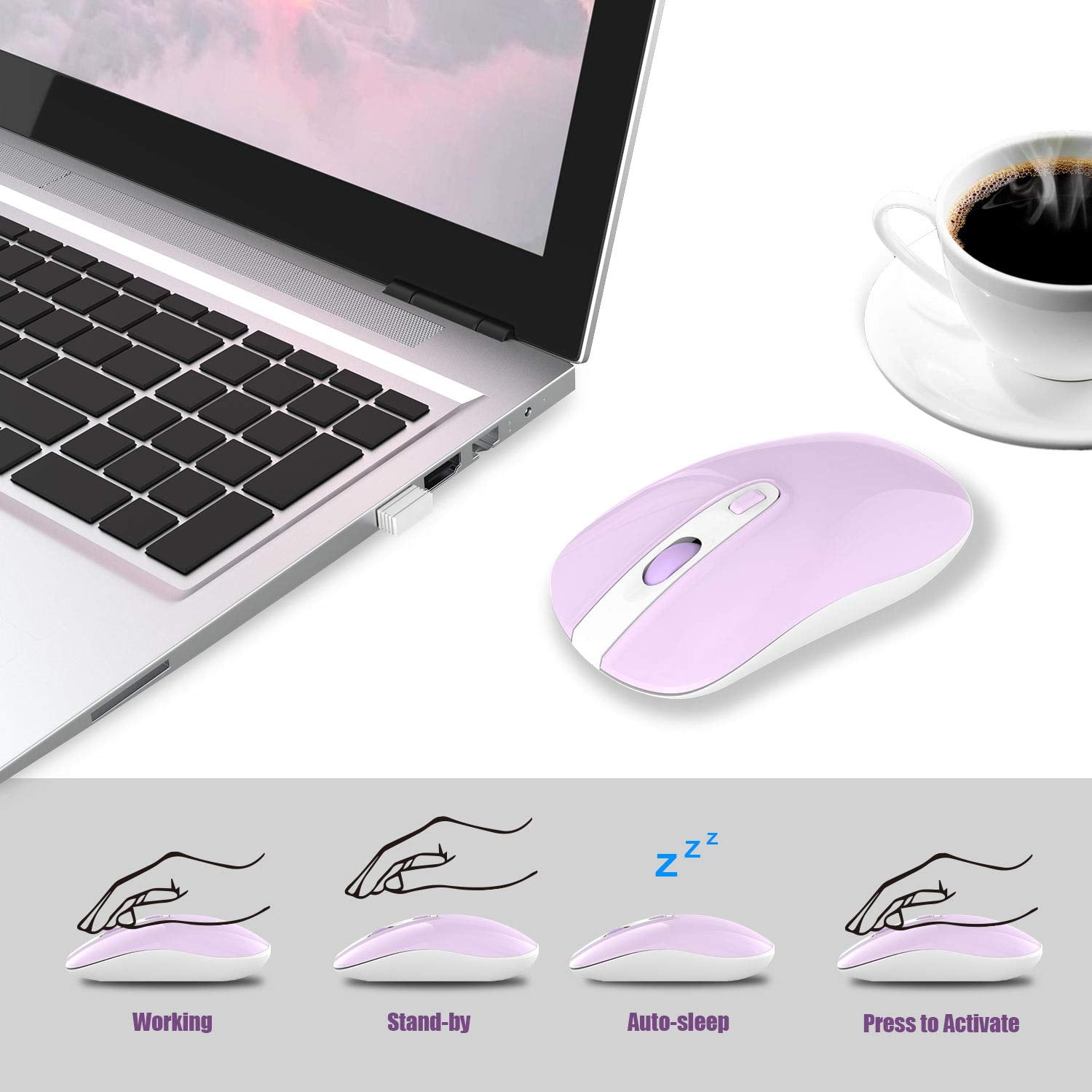Wireless Keyboard and Mouse Combo, Cimetech Quiet Keyboard and Adjustable DPI Mouse Set, 2.4GHz USB Ultra Slim Silent Computer Keyboard and Mouse for Laptop, PC, Notebook, Desktop-Purple