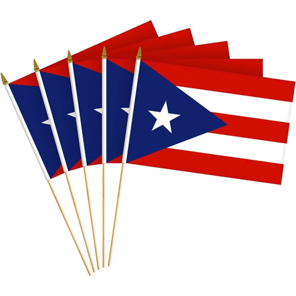 G128 12 Pack Handheld Puerto Rico Puerto Rican Stick Flags | 8x12 In | Printed 150D Polyester, Country Flag, Solid Wooden Stick, Spear Gold Tip